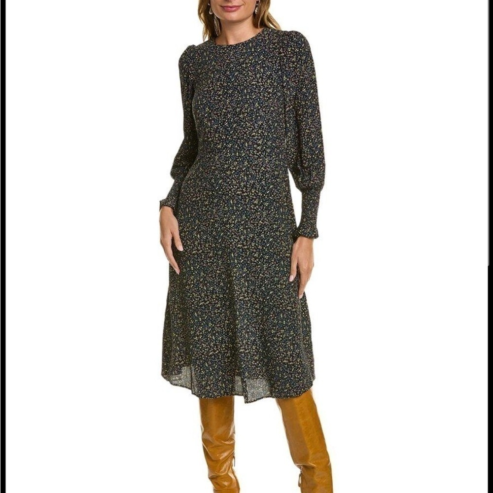 Boden Smocked Cuff Midi Dress Black Ditsy Floral Long Balloon Sleeve size 16/18R